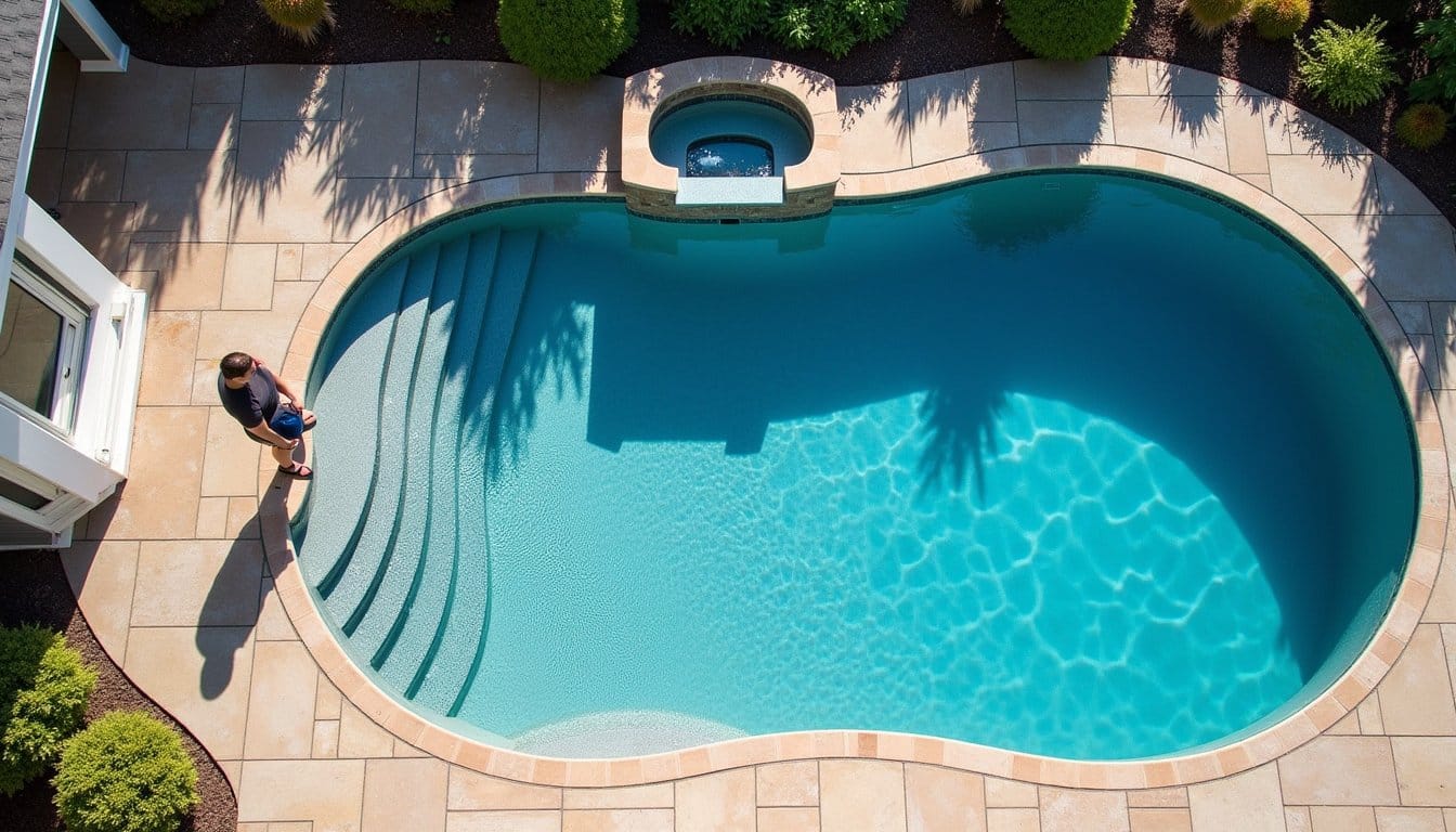 New pool construction showcasing a beautifully finished backyard pool with elegant stone decking and lush landscaping.