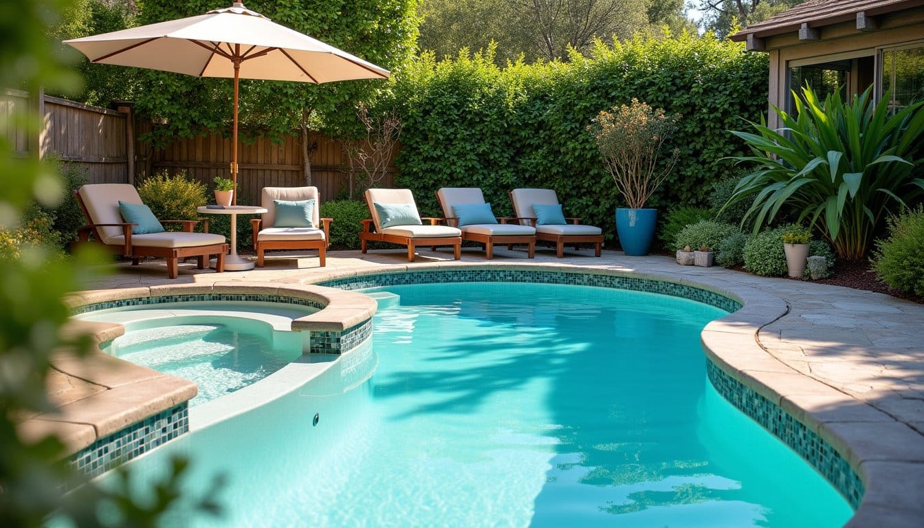 New pool construction with sparkling in-ground pool and sunlit backyard patio