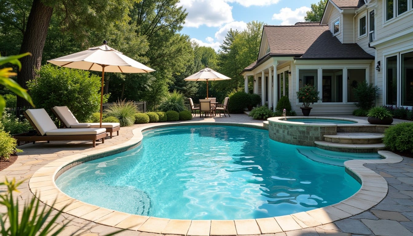 New pool construction in landscaped backyard with elegant seating and greenery in Palm Beach County Estates