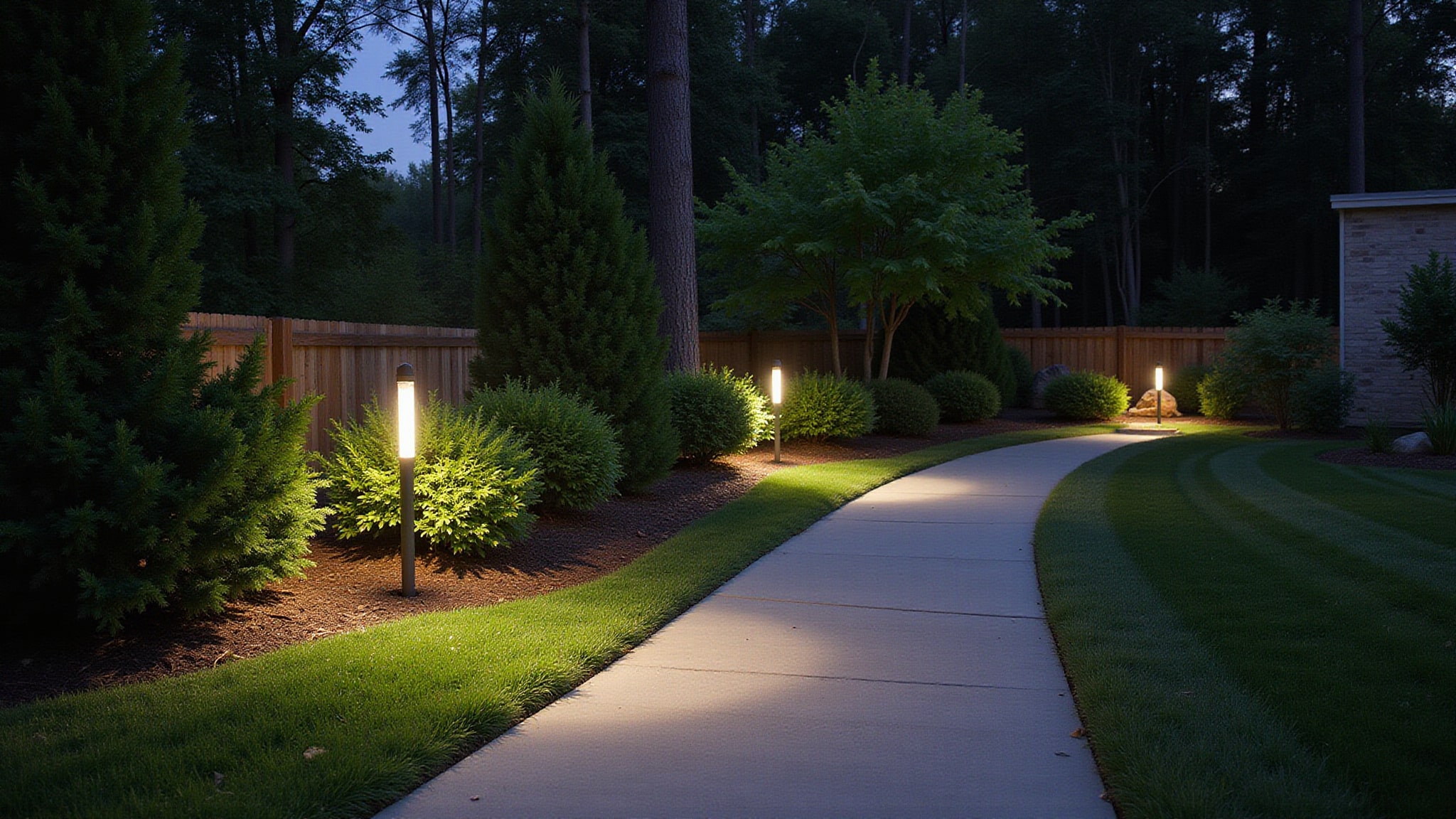 Landscape lighting illuminating a garden pathway at dusk