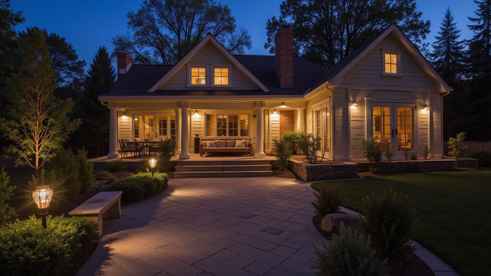 Brightly lit backyard at night showcasing landscape lighting